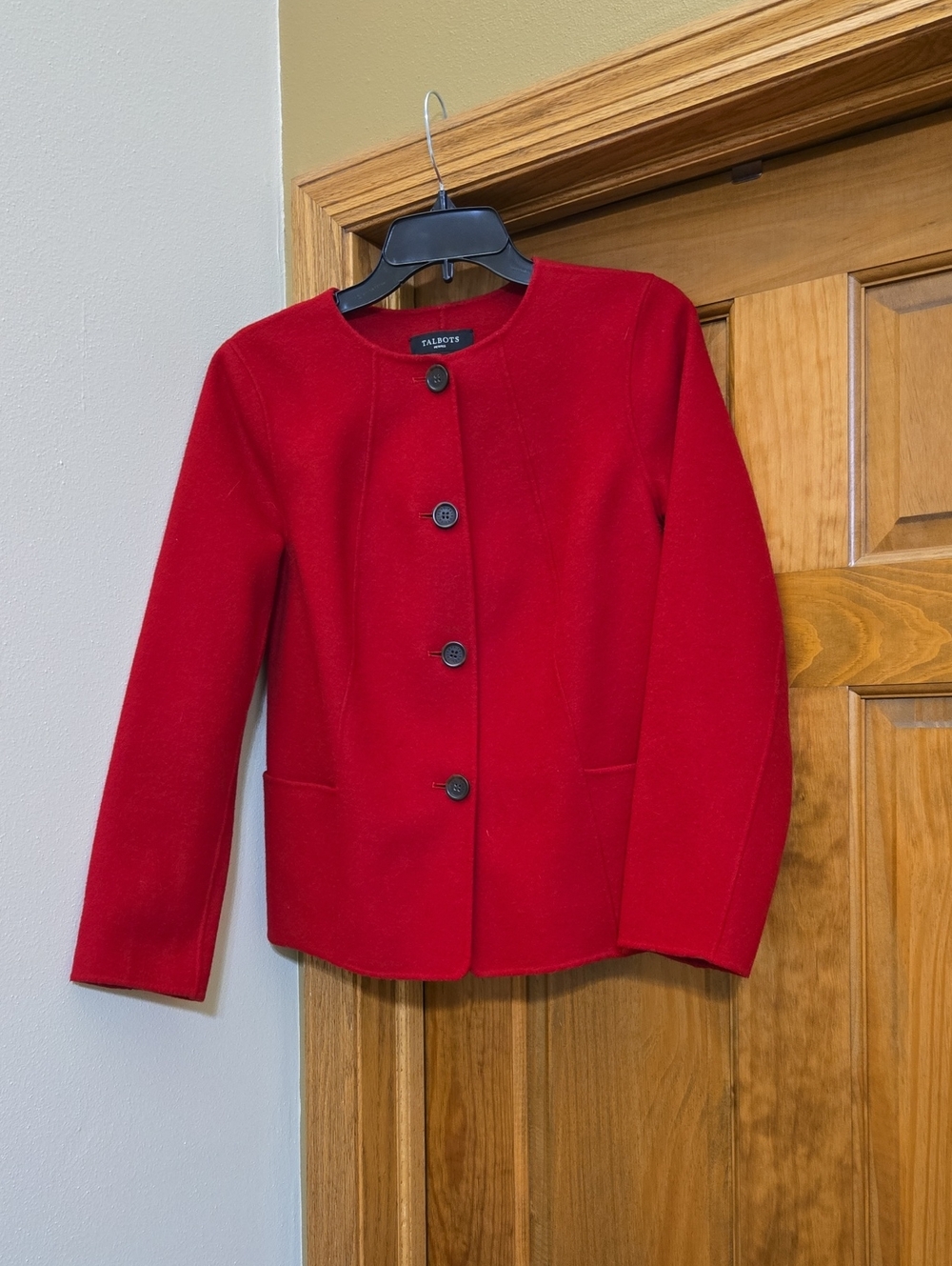 Talbots Red Collarless Button-Front Wool Blend Jacket